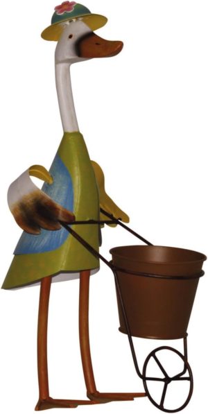 Gartenfigur Gans aus Metall / Ente mit Pflanztopf