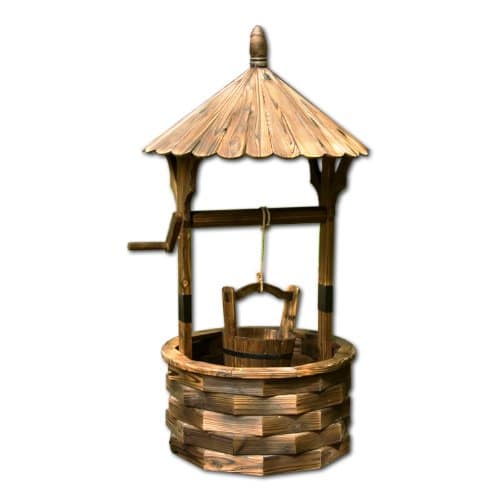 Gartenbrunnen aus Holz mit Dach, braun, Höhe 120cm, Durchmesser 65cm, geölt und brandbehandelt